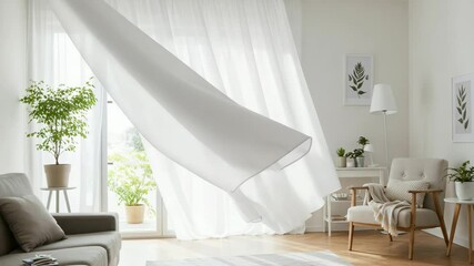 Bright living room with flowing sheer curtains and indoor plants