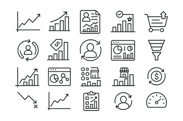 Line style icons of e-commerce analytics: sales chart, revenue growth, customer report, cart abandonment, product performance, conversion rate, average order value, repeat customer, dashboard icon,