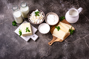 Dairy products. Milk, cottage cheese, cream, butter and yogurt