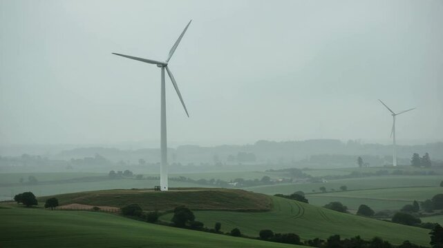 Wind turbines on rolling hills under a cloudy sky  