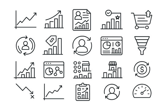 Line style icons of e-commerce analytics: sales chart, revenue growth, customer report, cart abandonment, product performance, conversion rate, average order value, repeat customer, dashboard icon,