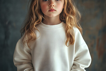 Mockup of child in plain white oversized crewneck sweatshirt