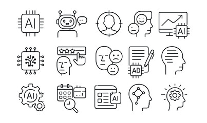 Line style icons of artificial intelligence in marketing: AI icon, chatbot assistant, smart targeting, data prediction, machine learning icon, recommendation engine, sentiment analysis, AI content