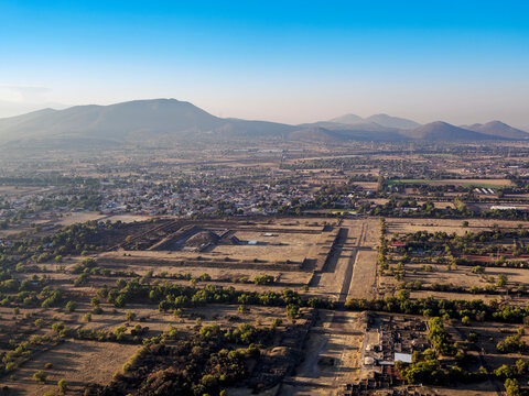 Avenue of the Dead and The Citadel at sunrise, aerial view, Teotihuacan, Mexico State, Mexico