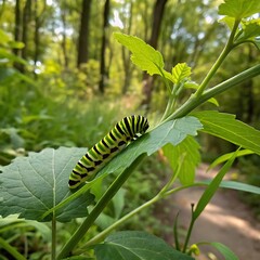 A vibrant monarch caterpillar, a fascinating insect larva, is captured in a striking close-up as it eats a green leaf in nature's summer garden
