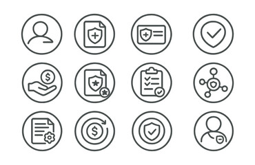 Line style icons of round health insurance: round health ID, round policy file, round insurance card, round coverage check, round co-pay icon, round benefit icon, round claim form, round network icon
