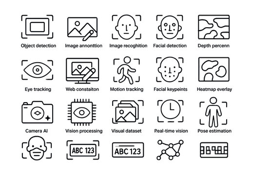 Line style icons of computer vision: object detection, image recognition, facial detection, image segmentation, depth map, bounding box, eye tracking, image annotation, motion tracking, facial