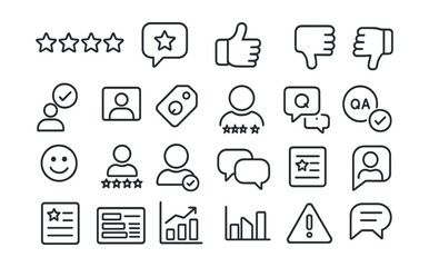 Line style icons of reviews and customer feedback: star rating, review bubble, write review, thumbs up icon, thumbs down icon, verified buyer, customer photo, feedback tag, product Q&A, emoji review,
