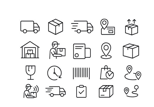 Line style icons of delivery and logistics: delivery truck, shipping box, express delivery, order tracking, in-transit icon, warehouse icon, courier icon, shipping label, delivery address, package
