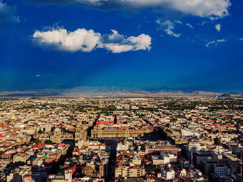 View towards the Old Town and Zocalo at sunset, Mexico City, Mexico