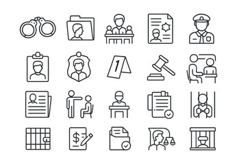 Line style icons of criminal law and justice process: handcuffs icon, criminal file, court trial icon, arrest warrant, defendant badge, prosecutor badge, crime scene tag, law enforcement, criminal