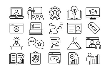 Line style icons of learning and development: online course, training session, certificate badge, knowledge base, e-learning icon, tutorial video, reading list, learning path, course module, skill