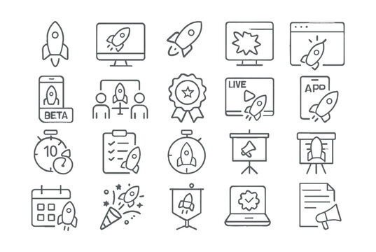 Line style icons of marketing product and service launch: rocket icon, launch screen, campaign launch, new feature icon, soft launch, product intro, release badge, go live, countdown icon, launch