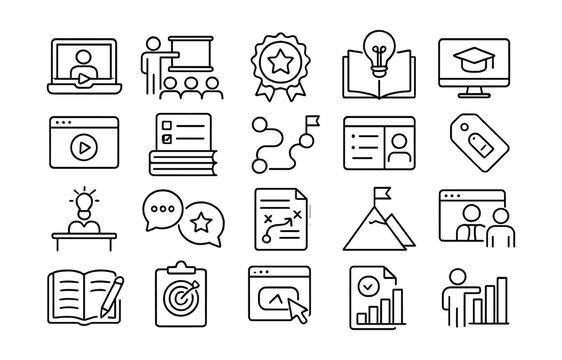 Line style icons of learning and development: online course, training session, certificate badge, knowledge base, e-learning icon, tutorial video, reading list, learning path, course module, skill