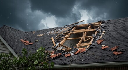 Heavy storm has caused significant damage to the roof of a house, exposing the interior