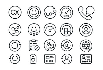 Line style icons of round customer experience (CX): round CX badge, round satisfaction ring, round journey tracker, round service touchpoint, round feedback path, round customer rating, round NPS