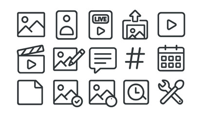 Line style icons of content creation: post icon, story icon, live video, upload photo, video icon, reel creation, content draft, edit post, caption box, add hashtag, content calendar, save draft,