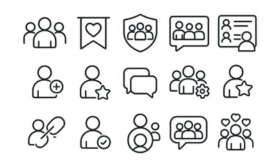 Line style icons of community and followers: user group, fan club, community badge, group post, members list, follower type, top fan icon, comment thread, group settings, admin badge, invite link,