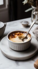 Creamy dessert in a ramekin with a spoon on a marble countertop  