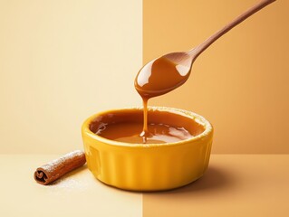 Creamy caramel sauce being drizzled from a spoon in a bowl