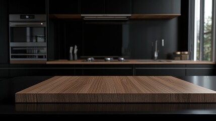 Modern Kitchen Tabletop Display: Dark Wood Counter in a Sleek Black Kitchen