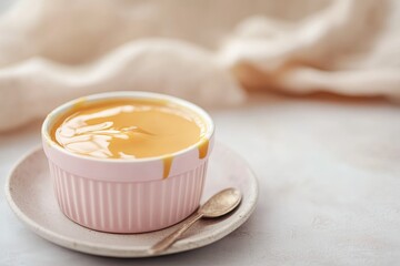 Creamy custard in pink ramekin on a plate with a spoon  