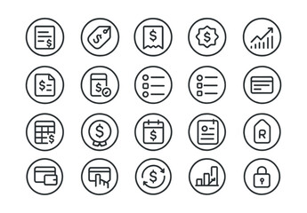 Line style icons of round financial operations: round invoice icon, round payment tag, round expense log, round profit badge, round revenue chart, round financial doc, round accounting file, round