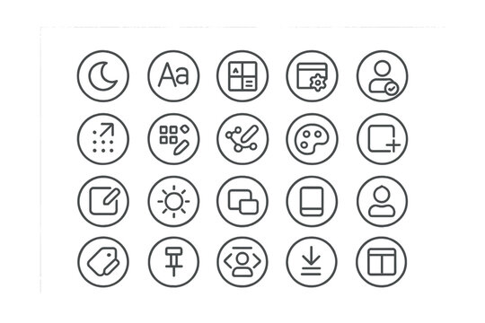 Line style icons of round UI customization: round theme toggle, round font selector, round layout switch, round interface setting, round personalization icon, round drag to sort, round customize