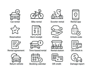 Line style icons of rental and vehicle services: car rental, bike rental, scooter rental, rental app, reservation badge, rent receipt, pickup icon, drop-off icon, rental agreement, time-based rental,