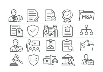 Line style icons of corporate law and governance: corporate lawyer, business contract, board resolution, corporate seal, M&A file, company bylaws, legal compliance, shareholder agreement, corporate