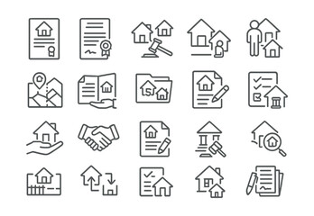 Line style icons of real estate and property law: property deed, lease agreement, property dispute, eviction notice, zoning law, land registry, mortgage file, title search, tenant rights, landlord