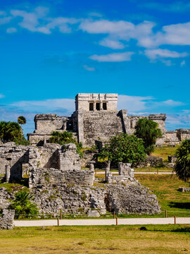View towards El Castillo, Tulum Archeological Site, Quintana Roo State, Mexico