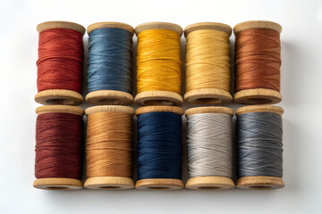 Colorful Thread Spools for Sewing Arranged in Rows
