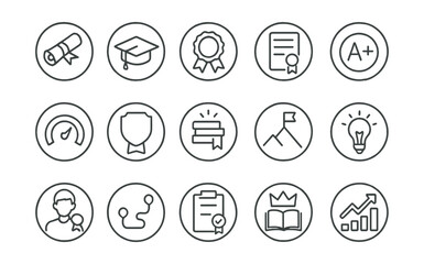 Line style icons of round academic success: round diploma icon, round graduation cap, round award ribbon, round honor roll, round GPA icon, round progress tracker, round certificate badge, round
