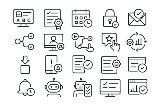 Line style icons of automation and smart tools: smart quiz, auto grade, scheduled release, lesson unlock, email reminder, rule-based flow, auto enrollment, smart course map, feedback prompt, progress