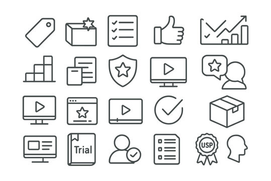 Line style icons of product and feature marketing: product tag, product highlight, feature list, benefit icon, comparison chart, product tier, product detail, feature badge, product demo, product