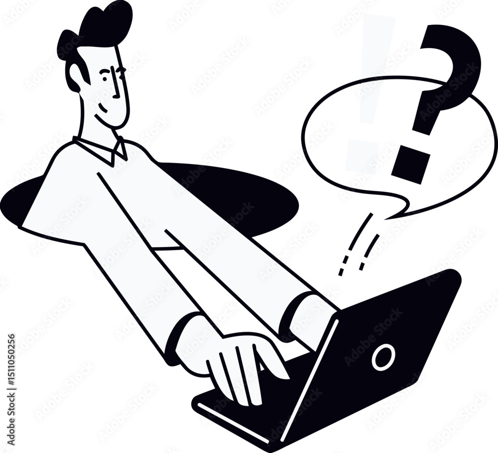 Poster man using laptop computer with exclamation point attention business technology internet online work 
