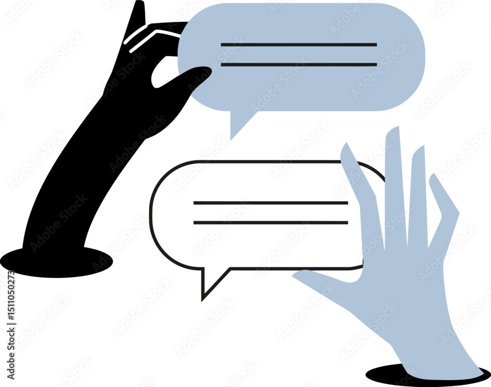 Poster communication chat message conversation bubble speech dialog hand interaction interface vector desig