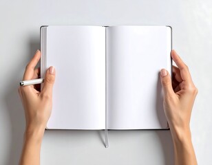 Open notebook, hands, pen