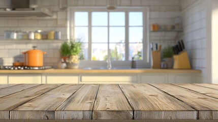 Rustic Wooden Tabletop in a Sunny Kitchen