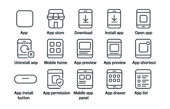 Line style icons of mobile app basics: app icon, app store, app download, install app, open app, app update, uninstall app, mobile home screen, app preview, app menu, app launcher, app folder, app