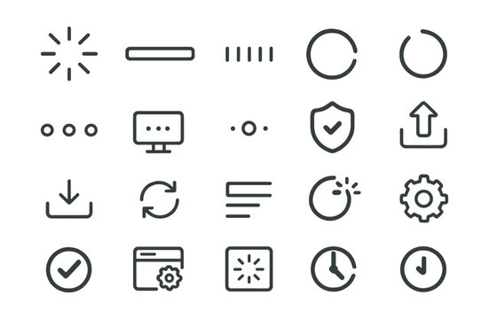 Line style icons of loading and status indicators: loading spinner, progress bar, linear progress, circular loader, buffering icon, loading dots, wait screen, loading text, updating badge, upload