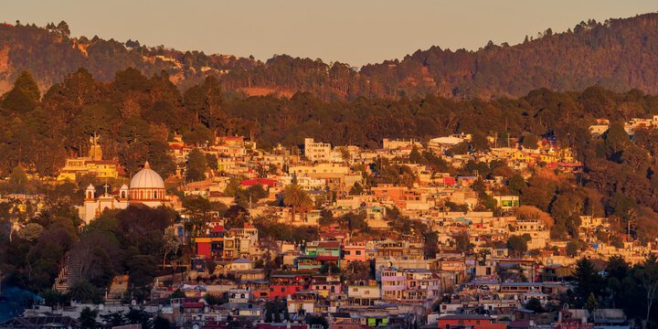 View towards the Nuestra Senora de Guadalupe Church at sunset, San Cristobal de las Casas, Chiapas State, Mexico