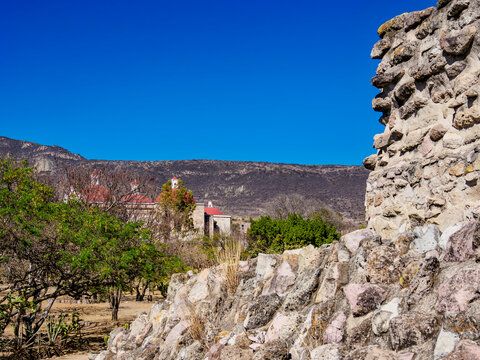 Mitla Archaeological Site and San Pablo Church in the background, San Pablo Villa de Mitla, Oaxaca State, Mexico