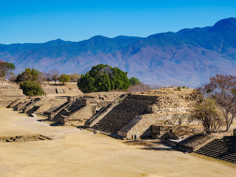 Gran Plaza seen from South Platform, elevated view, Monte Alban Archaeological Site, Oaxaca State, Mexico