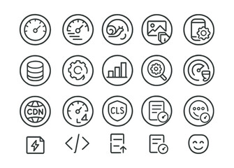 Line style icons of round web performance and speed: round speedometer icon, round fast load, round lazy load, round compressed image, round page weight, round cache icon, round async icon, round