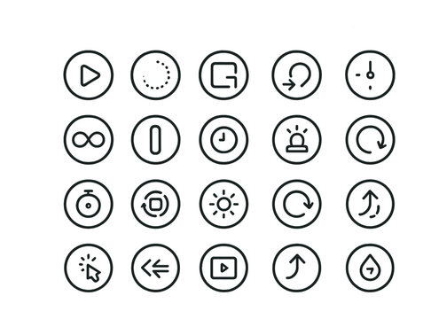 Line style icons of round web animation: round animate icon, round fade in, round slide icon, round motion path, round keyframe icon, round loop animation, round scroll effect, round animation timing