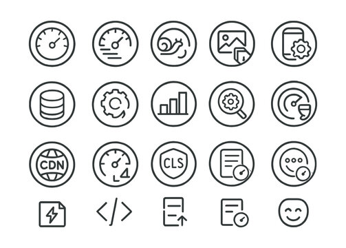 Line style icons of round web performance and speed: round speedometer icon, round fast load, round lazy load, round compressed image, round page weight, round cache icon, round async icon, round