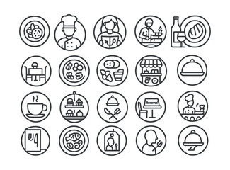 Line style icons of round food and culinary tourism: round local cuisine, round chef icon, round food tour, round cooking class, round wine icon, round bakery badge, round restaurant table, round