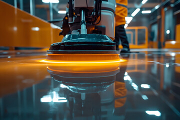 A high angle view of a floor care machine being used to polish and clean a shiny industrial floor, with a person operating the machine in the background, close up